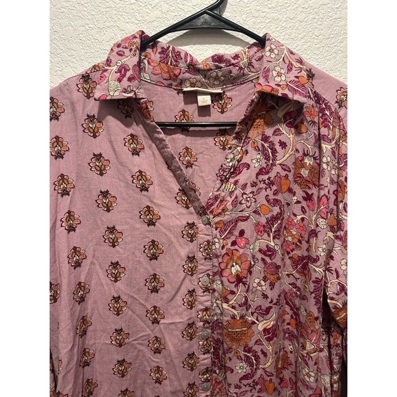 Knox Rose Top Women Large Pink Woodland Florals Button Up Linen Blend Asymmetric - Picture 3 of 7